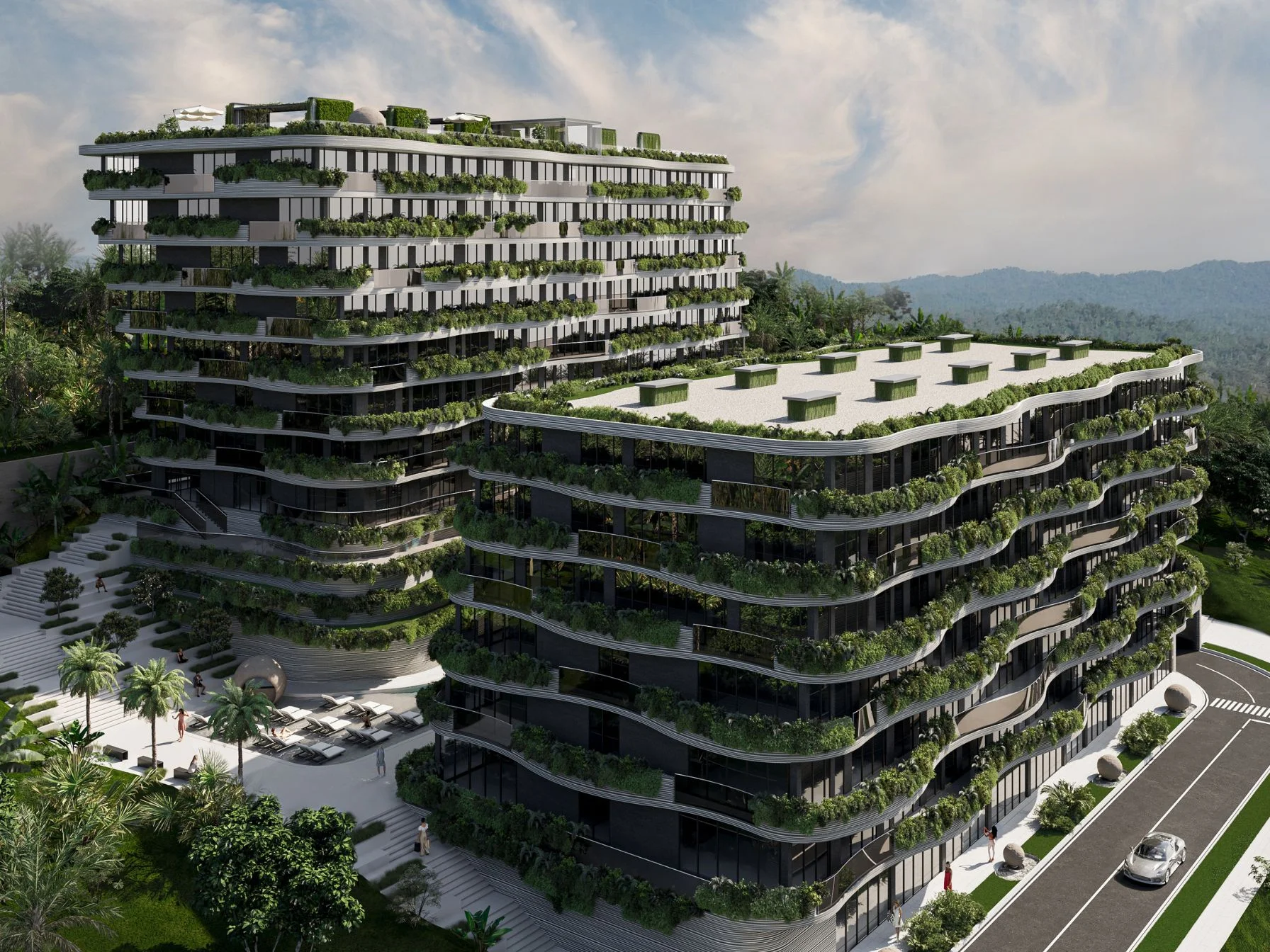 Modern residential complex with green terraces and mountain views, Nai Ha