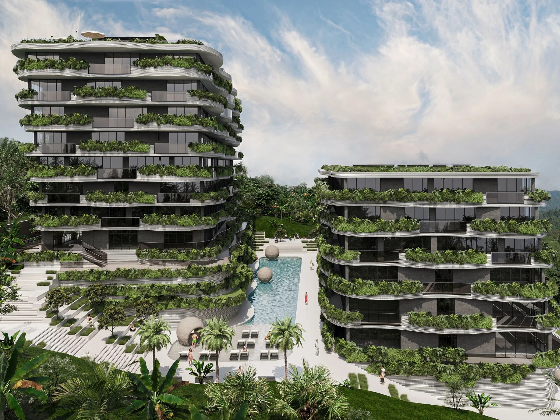 Modern residential complex architecture with green terraces and central pool area, Sunny Moon, Thailand