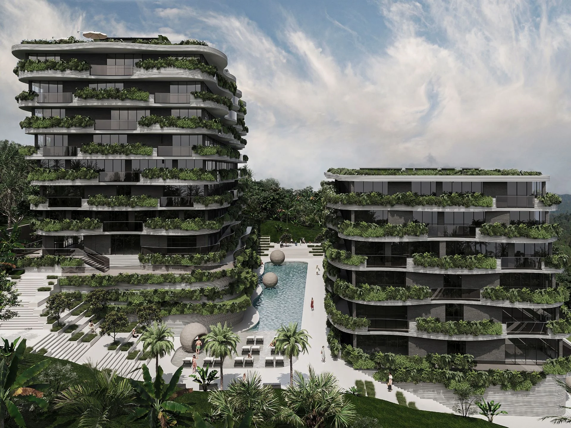 Modern residential complex with green terraces and central courtyard pool, Nai Ha