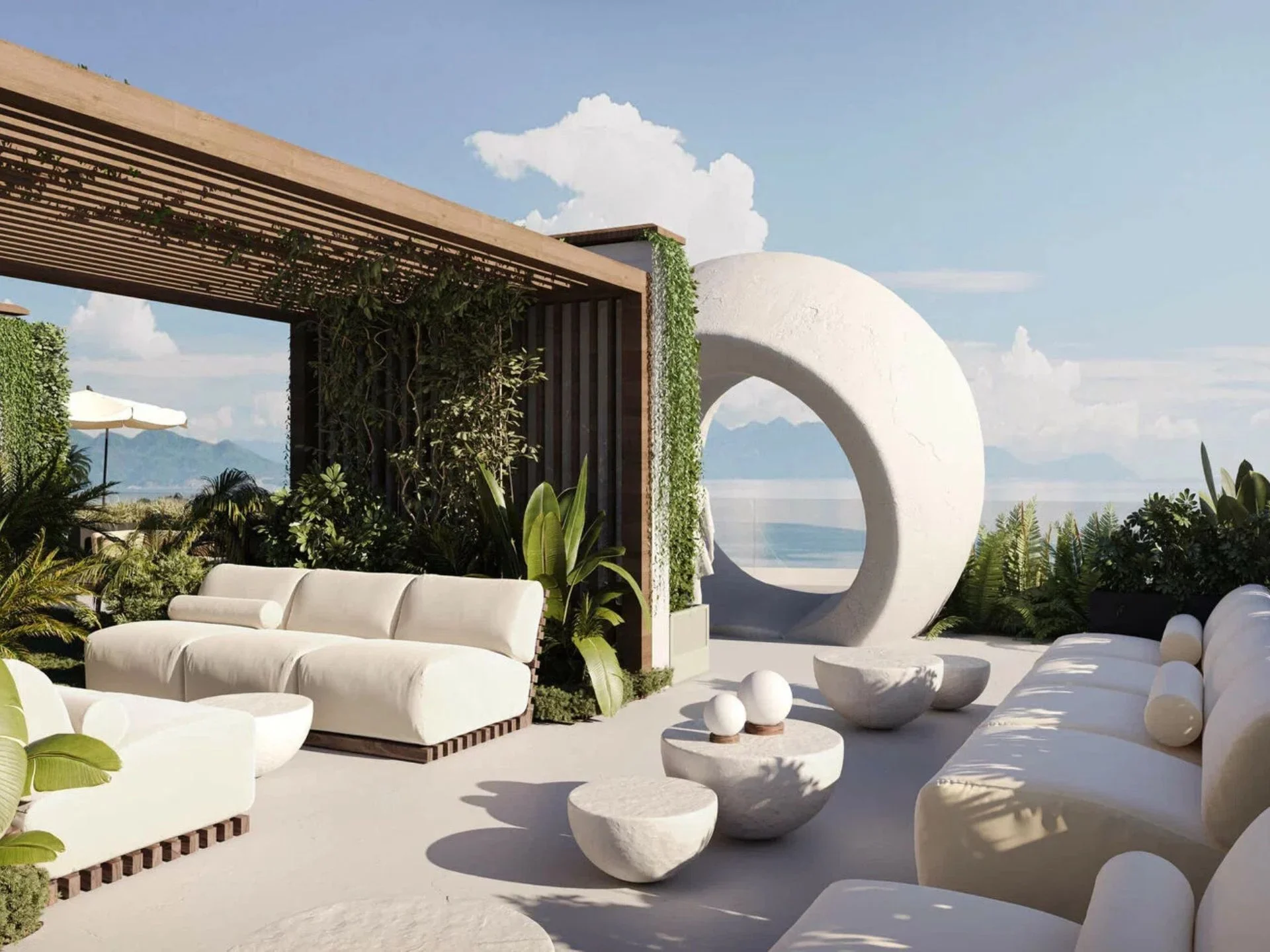 Terrace lounge area with sea view at Sunny Moon apartment, Nai Ha