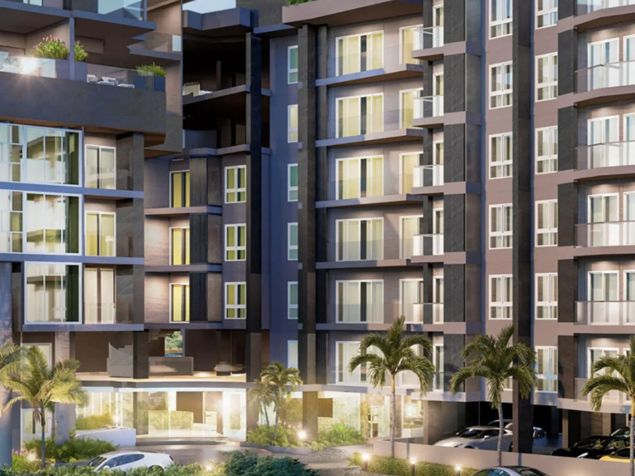 Architettura complesso residenziale moderno con design facciata contemporanea, Phuket