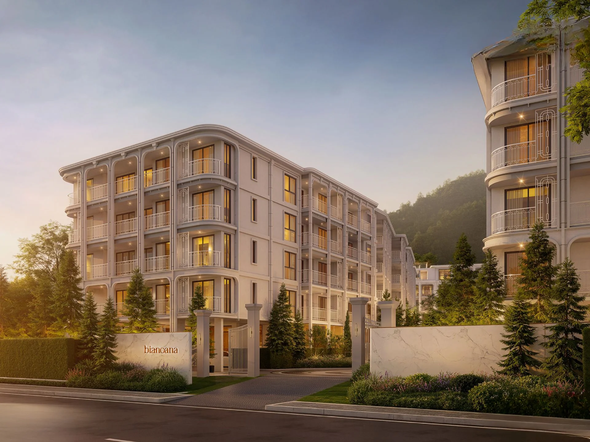 Architecture of The Title Biancana residence with curved balconies and landscaping, Suri