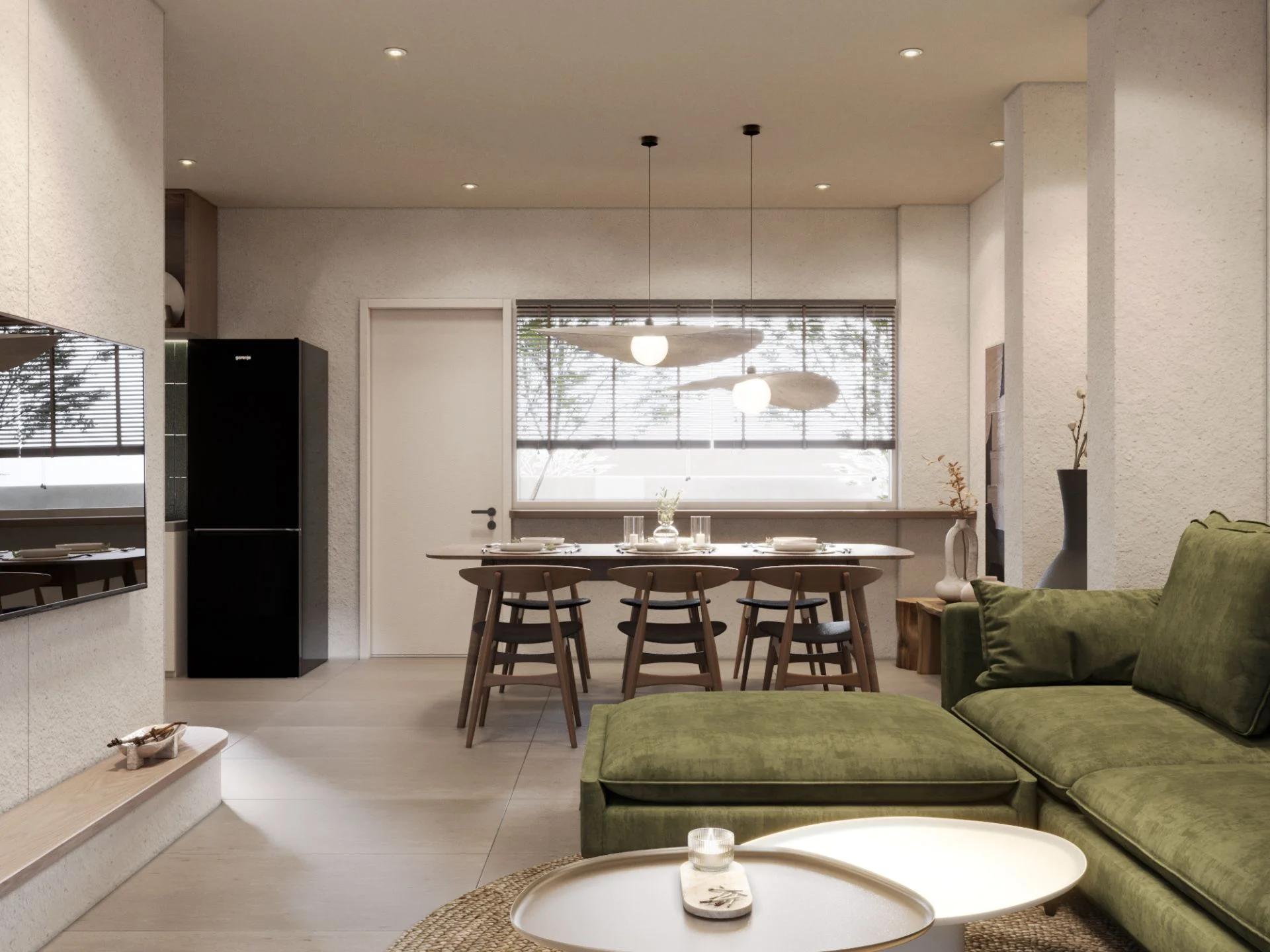 Área de estar y comedor de planta abierta con cocina en Midori Townhome, Phuket
