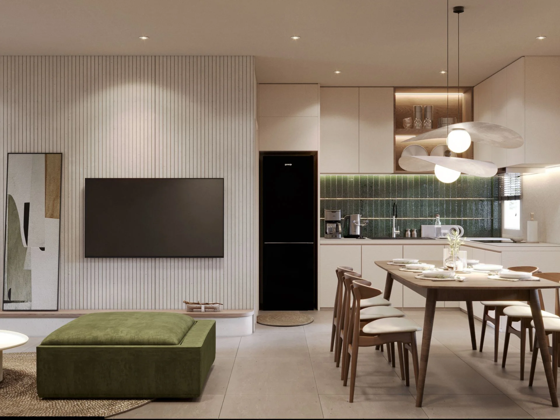 Área de sala y comedor de planta abierta con cocina en Midori Townhome, Phuket