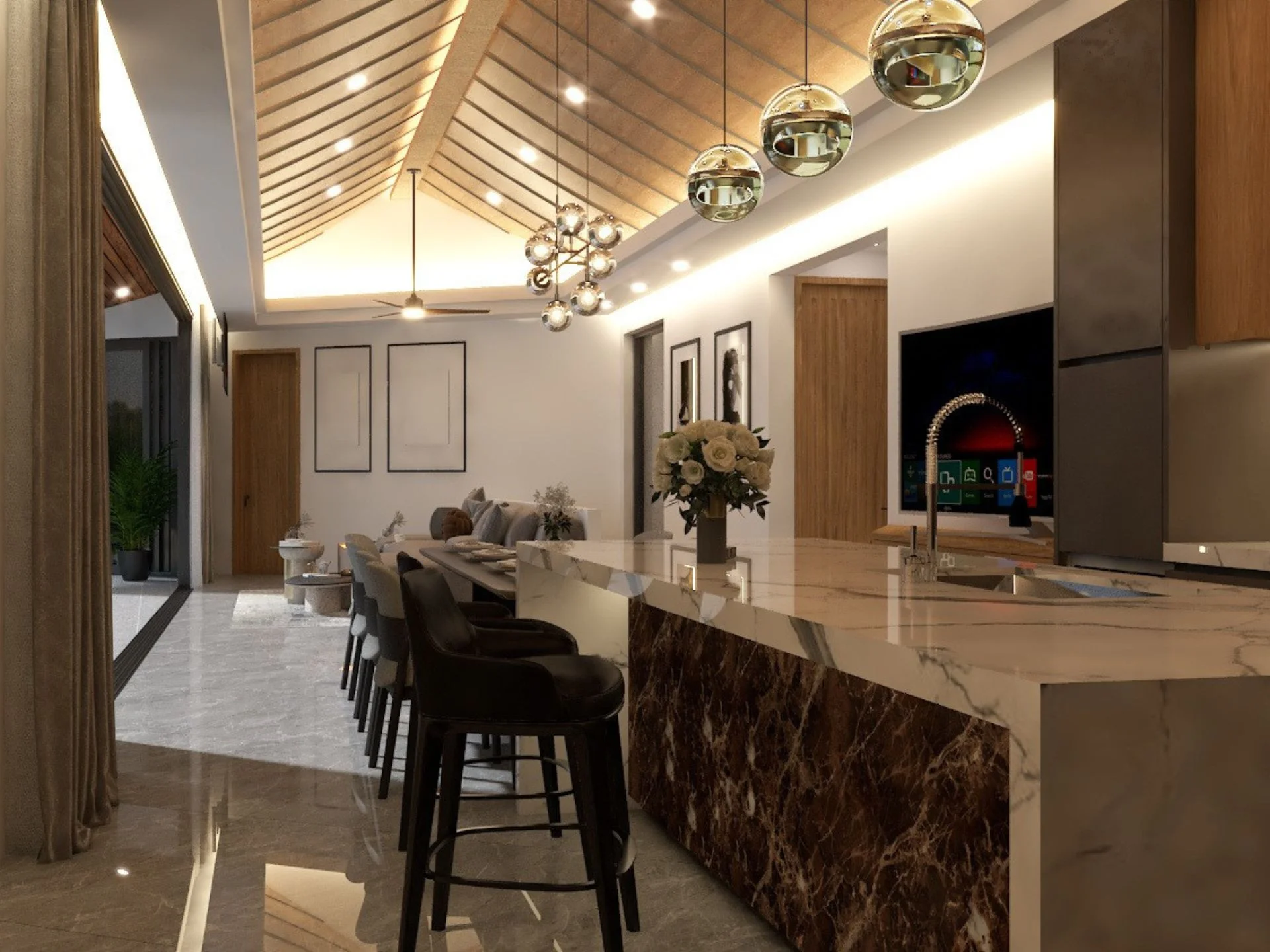 Открытая кухня и гостиная в вилле на 3 спальни в Green Hill Villas, Самуи