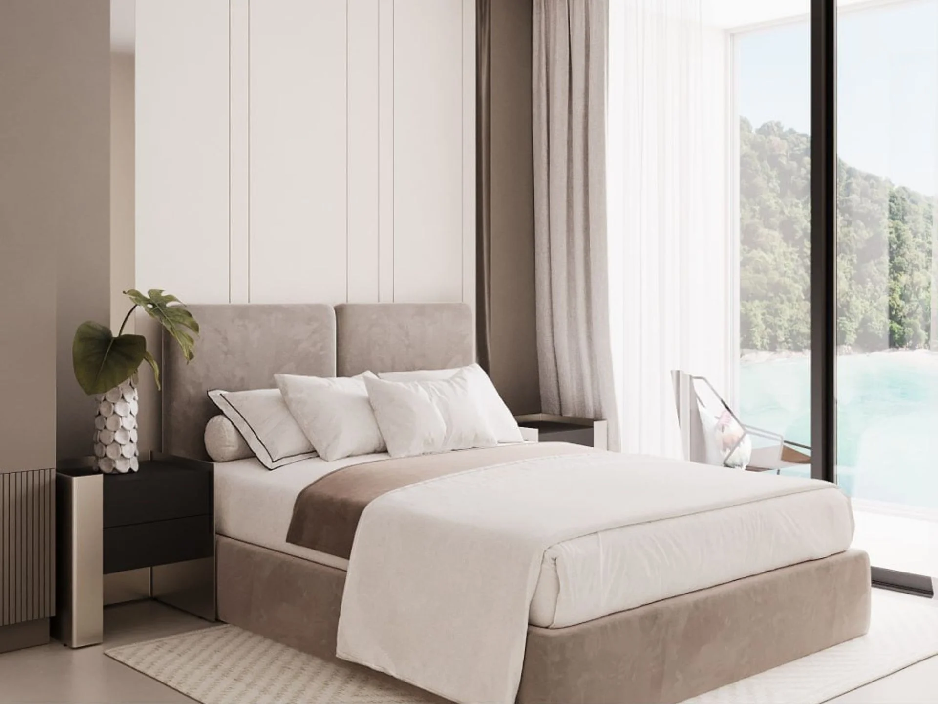 Главная спальня с видом на горы в апартаментах Sun Hills Lakeside, Банг Тао