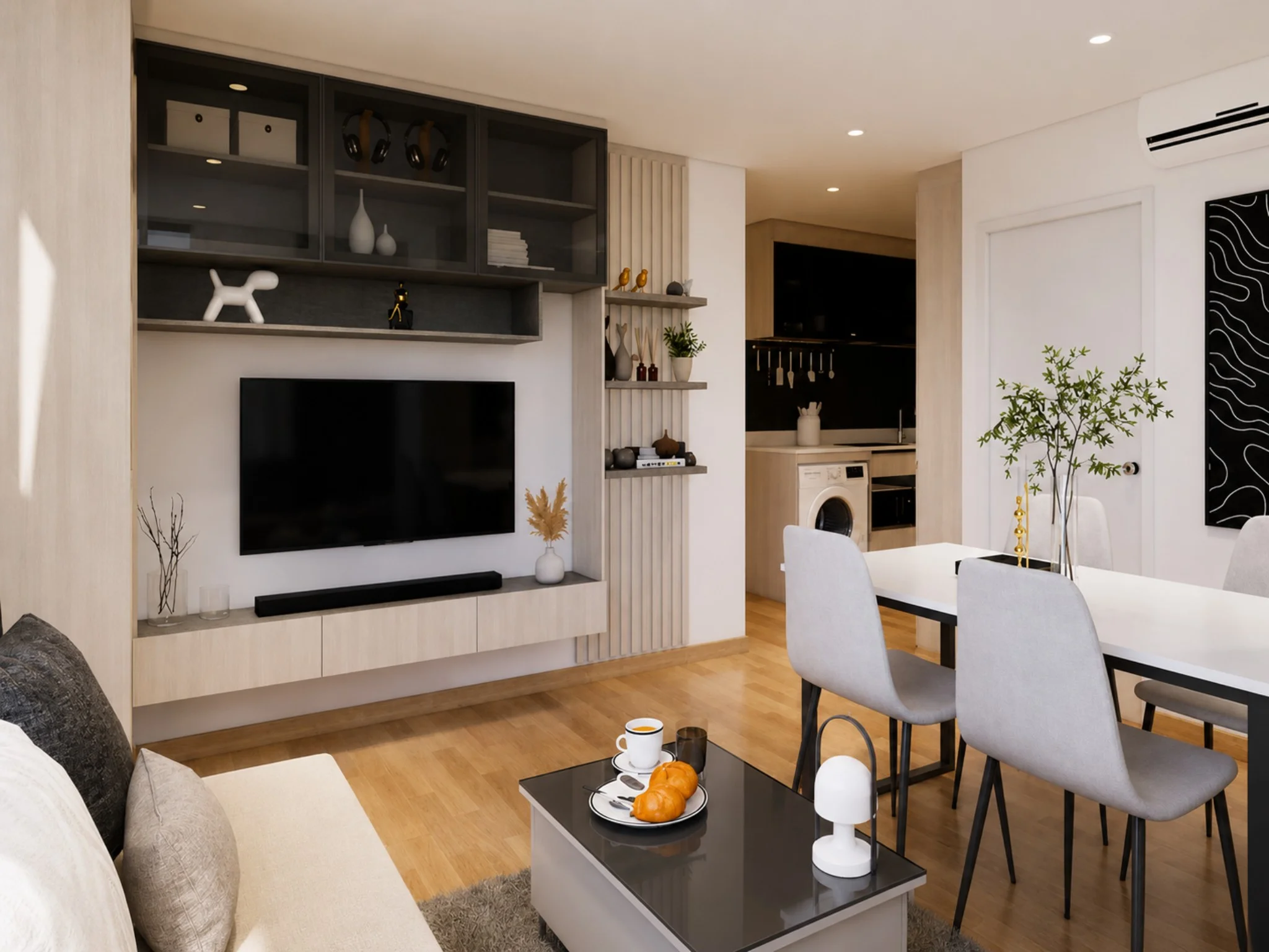 Гостиная с ТВ-стеной и обеденной зоной в 2-комнатной квартире The Indeed Condo, Jomtie
