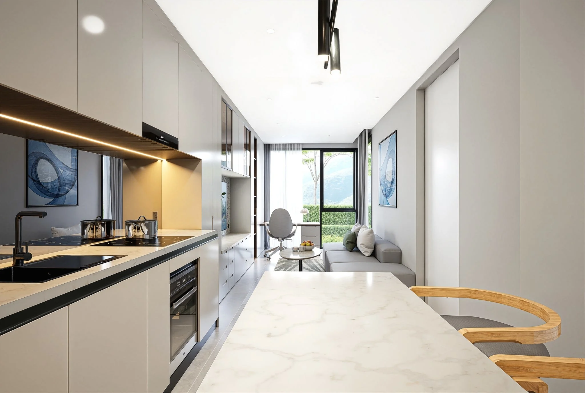 Открытая кухня и гостиная в 1-комнатной квартире Wallaya Residence Nai Harn, Пхукет