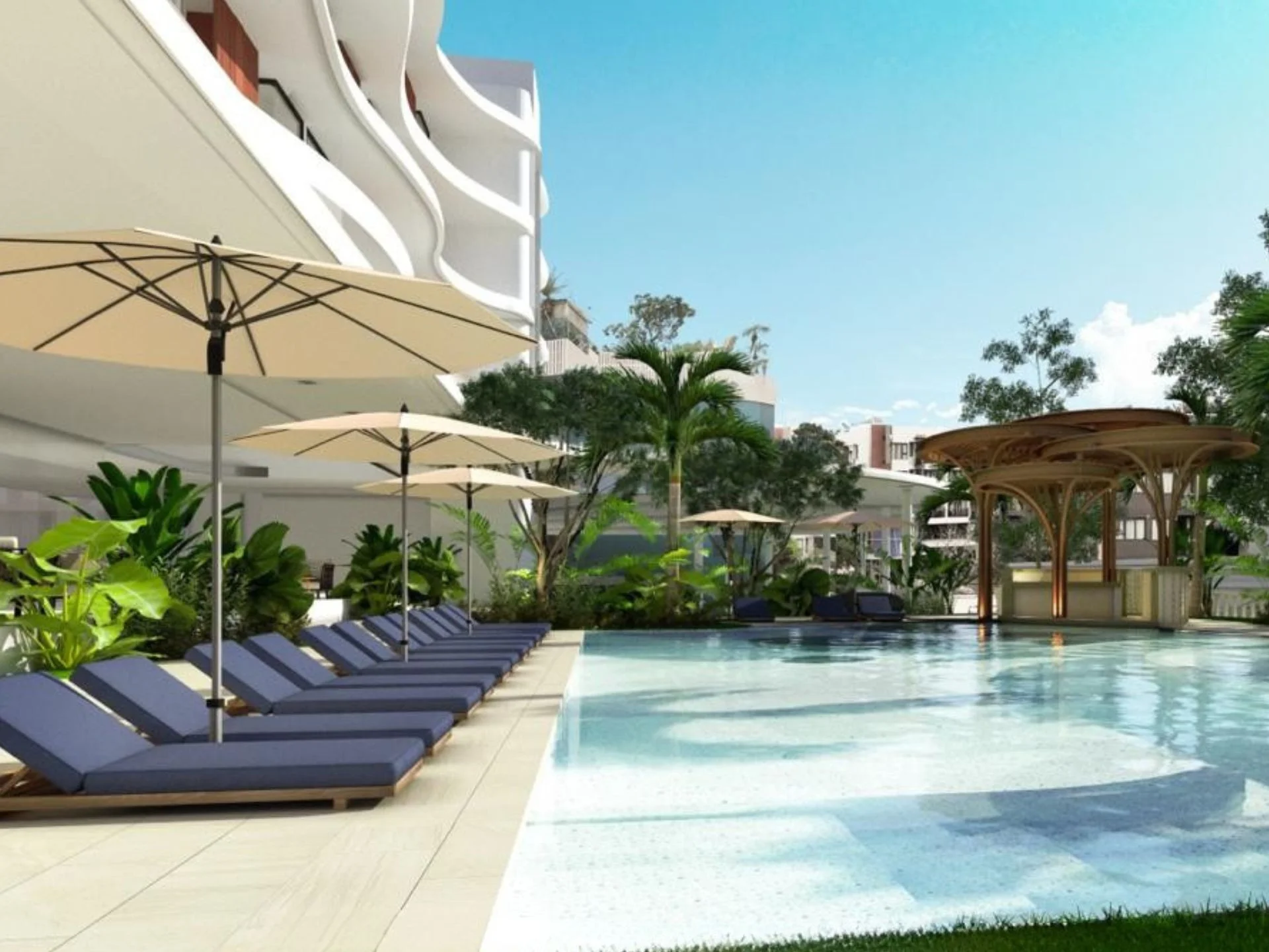 Площадь с бассейном, шезлонгами и озеленением в VIBE Residence, Каро