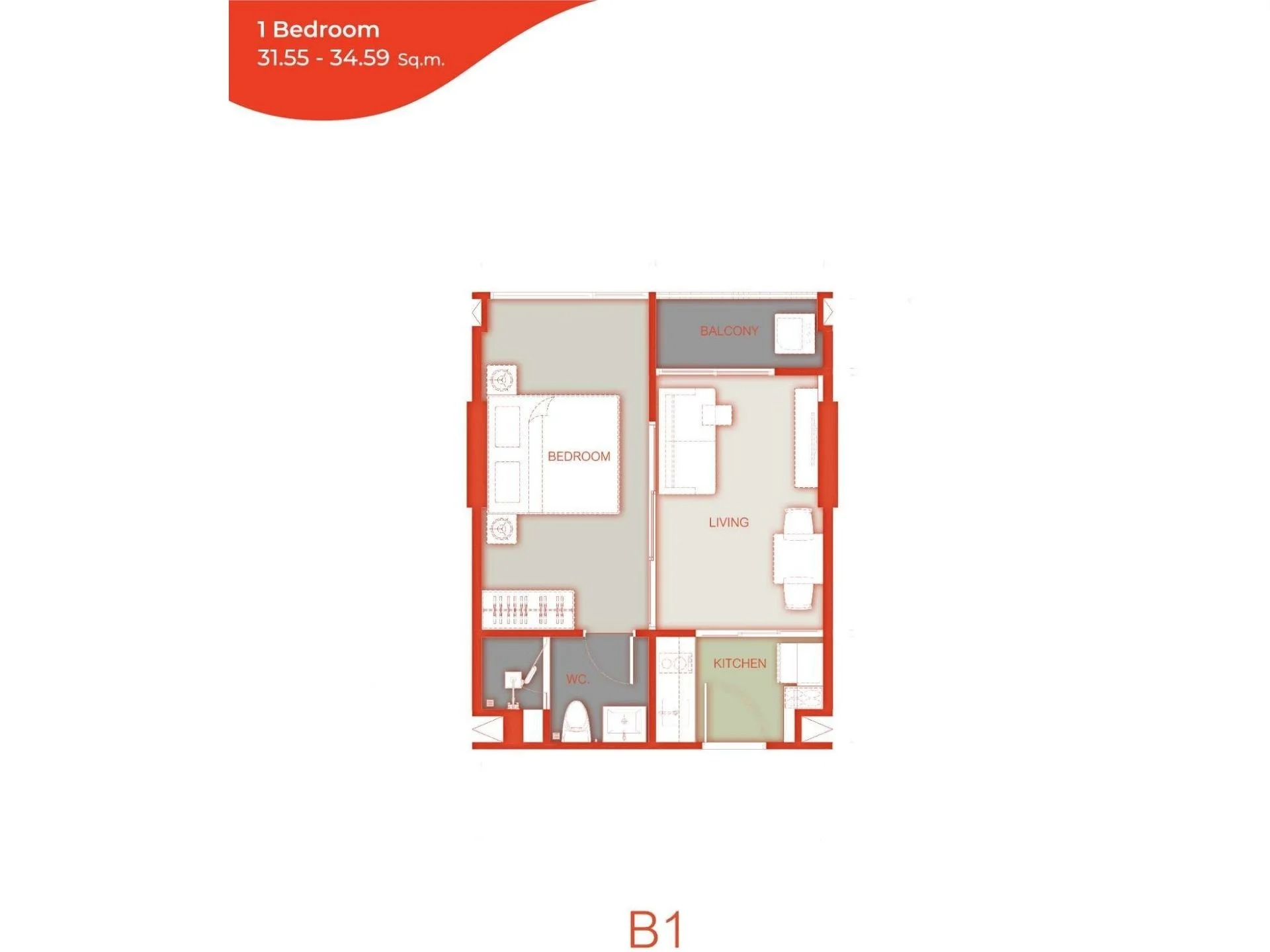 1 bed 34.54 sqm unit plan