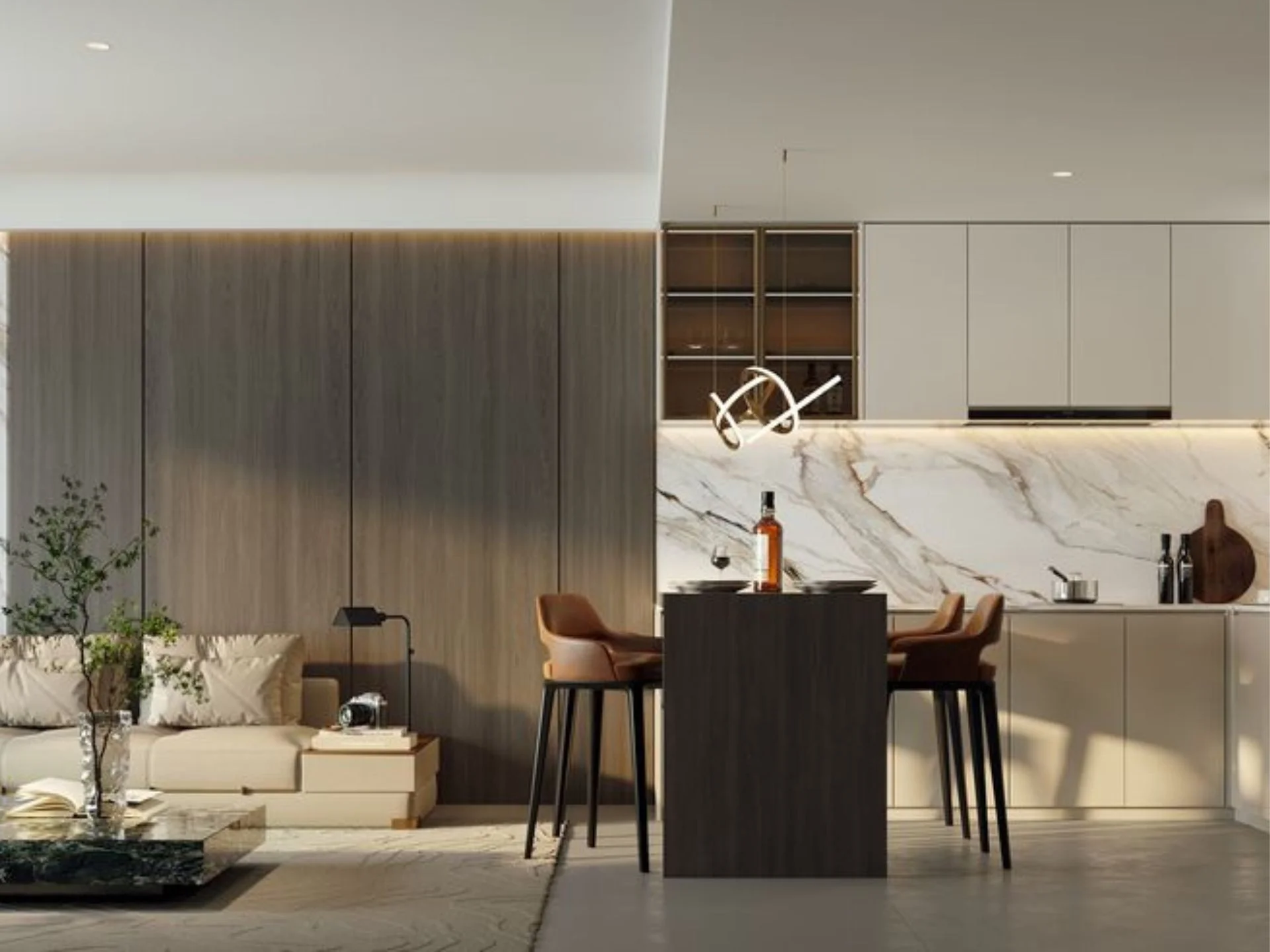 Открытая гостиная и столовая с кухней в 1-спальной квартире AYANA Heights, Bang Tao
