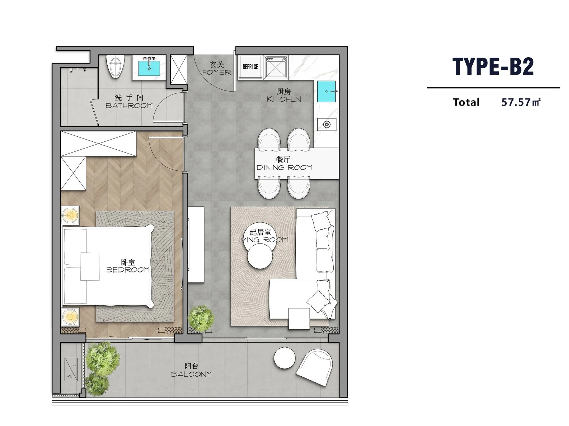 1 bedroom 58 sqm unit plan