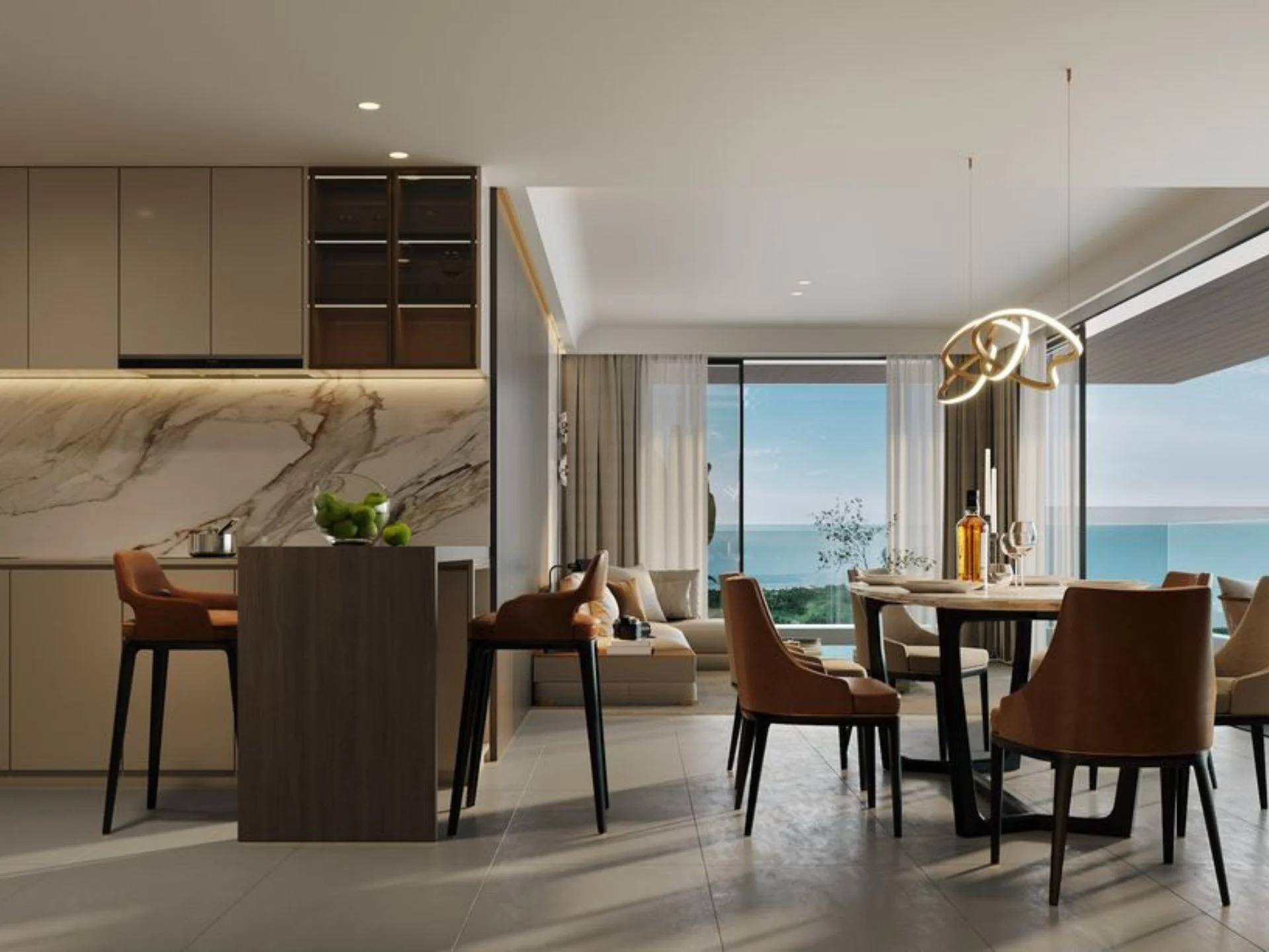 Открытая гостиная и столовая с видом на море в 2-комнатной квартире AYANA Heights, Bang Tao