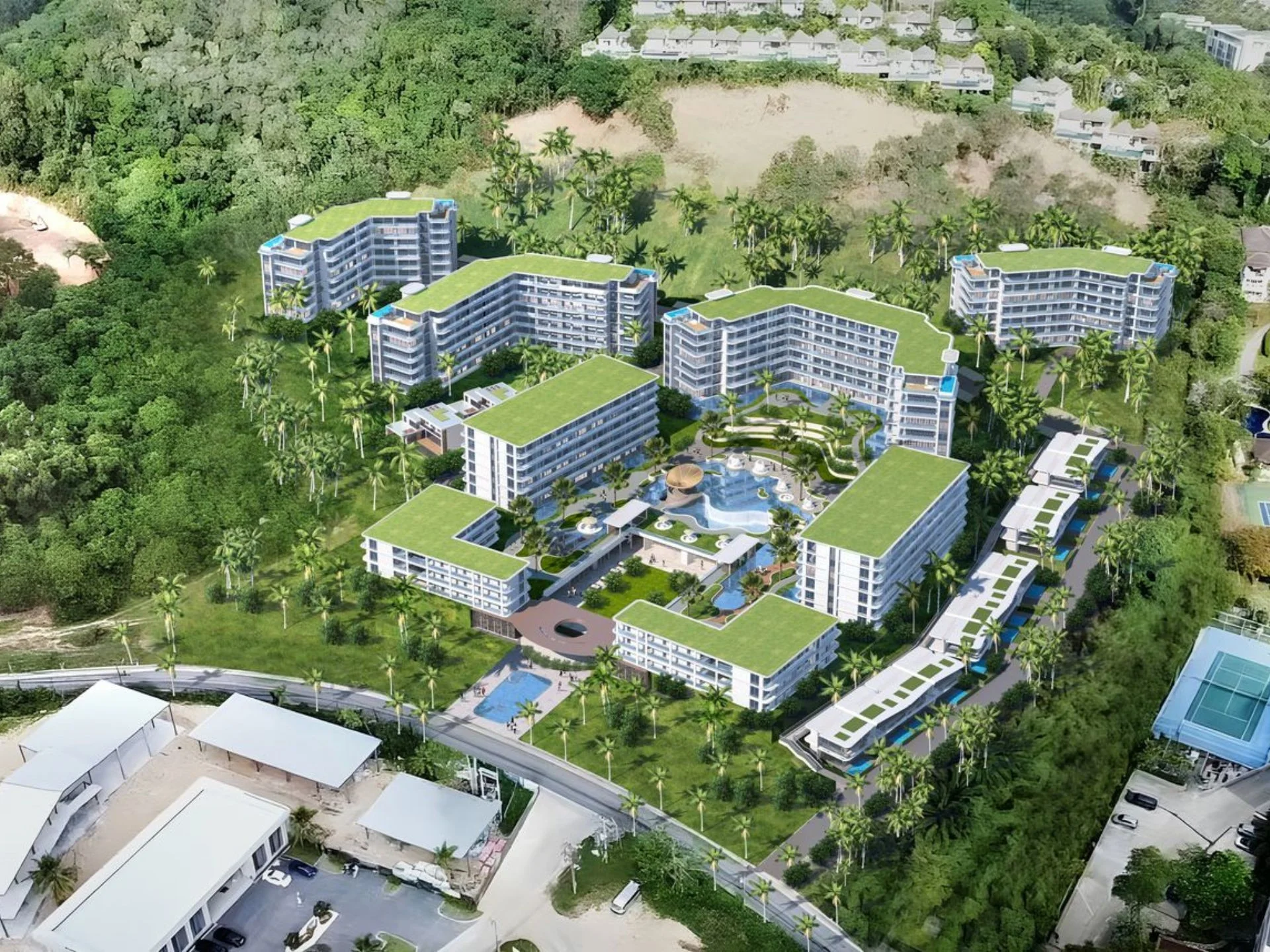 Вид с воздуха на жилой комплекс AYANA Heights с зелеными крышами и центральным бассейном, Банг Тао