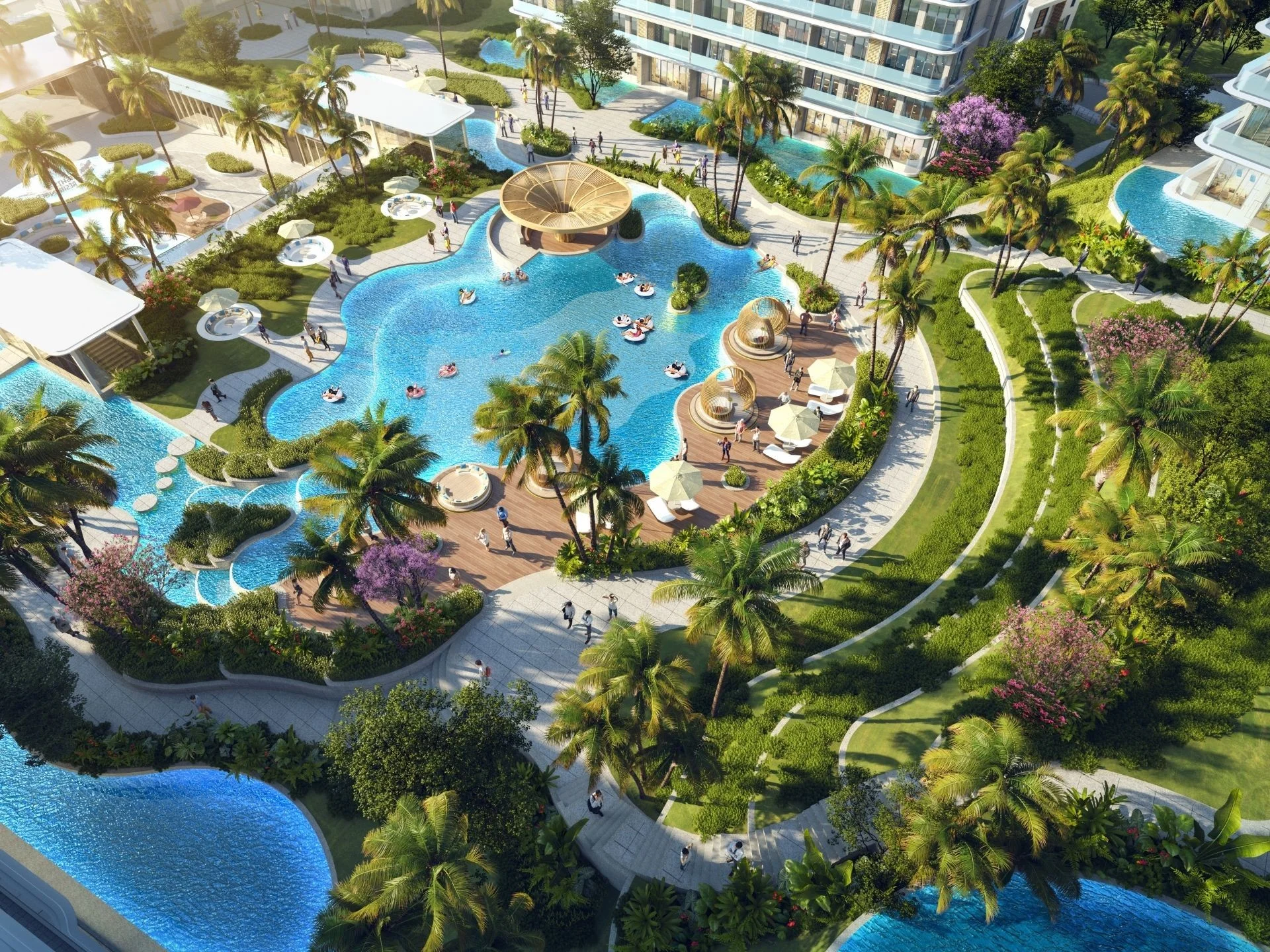 Вид с воздуха на инфраструктуру курорта AYANA Heights с бассейнами и ландшафтным дизайном, Банг Тао